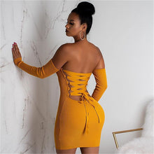Load image into Gallery viewer, Knitted Long Sleeve Mini Dress Off Shoulder Backless Lace Up - nevaehshalo