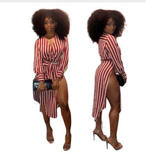 Load image into Gallery viewer, Women Striped Shirt Dress With Sashes Side High Slit