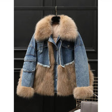 Load image into Gallery viewer, Winter New Denim Stitching Fur Coat