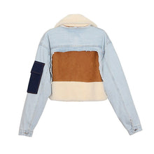 Load image into Gallery viewer, Plush thick denim stitching faux lamb wool lapel cotton jacket ladies jacket - nevaehshalo