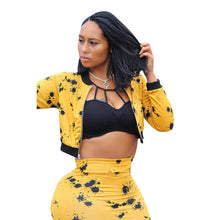 Load image into Gallery viewer, Two Piece Matching Set Black Yellow Print Clothes Long Sleeve Front Zipper Top+ Skirts - nevaehshalo