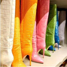 Load image into Gallery viewer, Candy Color Sexy Crocodile Leather Knee-Length High Boots Pointed Toe