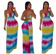 Load image into Gallery viewer, Women Strapless Tie Dye Stripe Print Lace Up Hollow Out Back Maxi Dress
