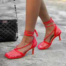 Load image into Gallery viewer, New Sexy Red Mesh Pumps Sandals Female Square Toe High Heel Lace Up Cross-tied Stiletto Hollow Dress Shoes Mujer Bombas - nevaehshalo
