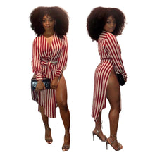 Load image into Gallery viewer, Women Striped Shirt Dress With Sashes Side High Slit