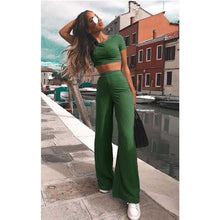Load image into Gallery viewer, Women knitted long sleeve o-neck crop top wide leg pants 2 piece set for female women tops pants two pieces sets women's suits - nevaehshalo