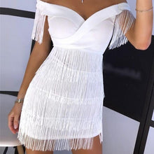 Load image into Gallery viewer, Sexy Sleeveless  Mini Dress Women White Off Shoulder Tassel  Short Dresses - nevaehshalo