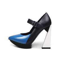 Load image into Gallery viewer, New Platform Women Pointed Toe Blue Mixed Black Leather High Heels