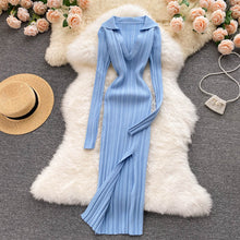 Load image into Gallery viewer, Women Korean Knitted Dress Long Sleeve V Neck Elastic Slim Pencil Dresses Autumn Sexy Bodycon Split Sweater Dress - nevaehshalo