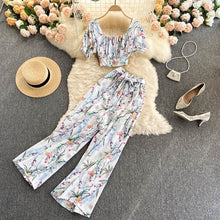 Load image into Gallery viewer, Summer Women Style Chiffon Printing Sweet Two Piece Set Short Shirt High Waist Wide Leg Pants - nevaehshalo