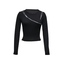 Load image into Gallery viewer, Women New Black Round Neck Long Sleeve Zipper Chain Slim Top