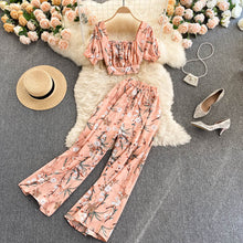 Load image into Gallery viewer, Summer Women Style Chiffon Printing Sweet Two Piece Set Short Shirt High Waist Wide Leg Pants - nevaehshalo