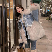 Load image into Gallery viewer, Winter New Denim Stitching Fur Coat