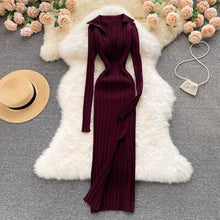 Load image into Gallery viewer, Women Korean Knitted Dress Long Sleeve V Neck Elastic Slim Pencil Dresses Autumn Sexy Bodycon Split Sweater Dress - nevaehshalo