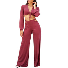 Load image into Gallery viewer, Sexy Lace Up Long Sleeved Top High Waisted Flared Pants - nevaehshalo