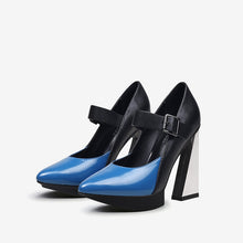 Load image into Gallery viewer, New Platform Women Pointed Toe Blue Mixed Black Leather High Heels