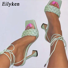Load image into Gallery viewer, New Design Weave Sandals Spike Heels Women High Heels Square Open Toe Ankle Strap Summer Ladies Elegant Dress Shoes - nevaehshalo