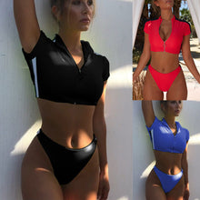 Load image into Gallery viewer, Summer Sexy Women Two-Piece Swimsuit Short Sleeve Zip Up Bikini Sets - nevaehshalo