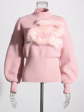 Load image into Gallery viewer, Patchwork Feather Knitting Sweater For Women Stand Collar Lantern Sleeve Solid Minimalist Sweaters Female Clothing