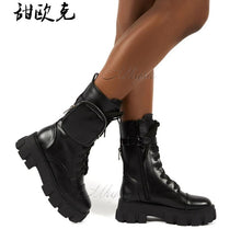 Load image into Gallery viewer, Women Pocket Boot Lace Up Ladies Ankle Boots Female Buckle Strap Black Chunky Sole Pouch Ankle Boots Woman Platform Shoe Fashion