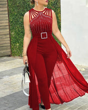 Load image into Gallery viewer, Women's Sexy Round Neck Rhinestone Sleeveless Jumpsuit with Belt