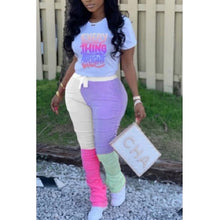 Load image into Gallery viewer, Women Two Piece Set Letter Print Drawstring Pants Set Short Sleeve T shirt.