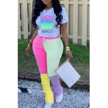 Load image into Gallery viewer, Women Two Piece Set Letter Print Drawstring Pants Set Short Sleeve T shirt.