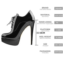 Load image into Gallery viewer, Women Black Platform Ankle Boots High Heels Lace Up Patent Leather Stiletto
