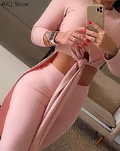 Load image into Gallery viewer, Sexy Two Piece Outfits Solid Knotted Top &amp; High Waist Pants Set
