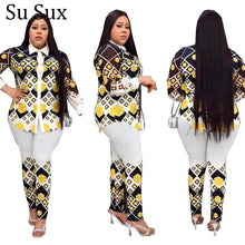 Load image into Gallery viewer, Office Lady Plaid Pant Suits Tracksuit Women Plus Size Turn Dowm Long Sleeve Shirt Top and Pencil Pant Sets Outfits 2021 Autumn
