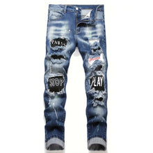 Load image into Gallery viewer, Men y2k Stretchy Denim jeans Ripped Skinny Letter Print elastic waist Casual
