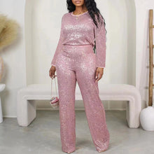 Load image into Gallery viewer, New Spring Casual Sequin 2 Piece Set Women Solid Party Outfit O Neck Long Sleeve Tops Wide Leg Pants Suit ]
