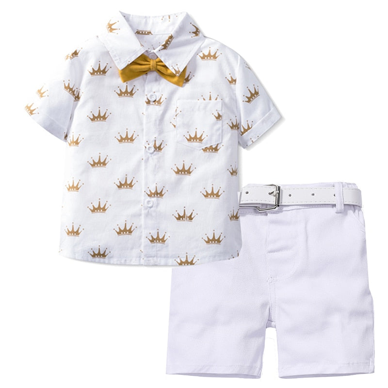 Boys Formal  Suit Crown Printed Shirt with Bow Leather Belt