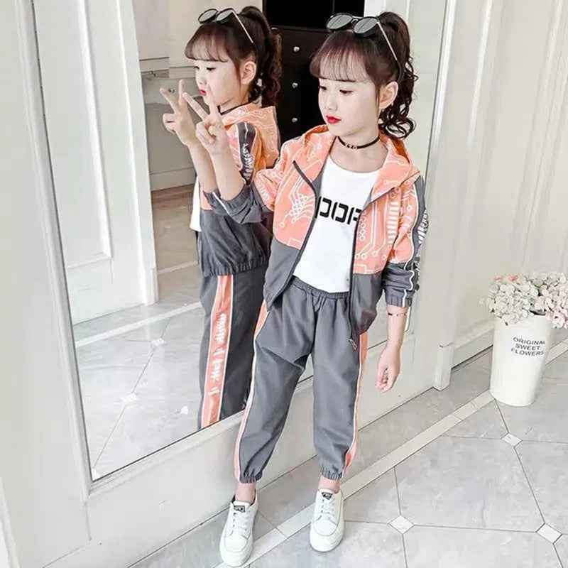 Girl Casual Outfit  Hooded Coat+Trousers Fashion Sports Set