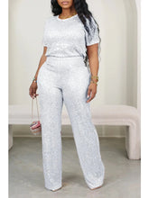 Load image into Gallery viewer, Casual Sequin Two Piece Set for Women Fashion Solid Short Sleeved shirt Wide Leg pants
