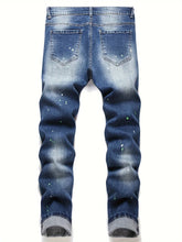 Load image into Gallery viewer, Men y2k Stretchy Denim jeans Ripped Skinny Letter Print elastic waist Casual
