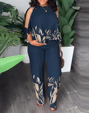 Load image into Gallery viewer, Two Piece Sets Women   Summer Fashion Plants Print Split Sleeve O-Neck Top &amp; Casual Straight Leg Pants
