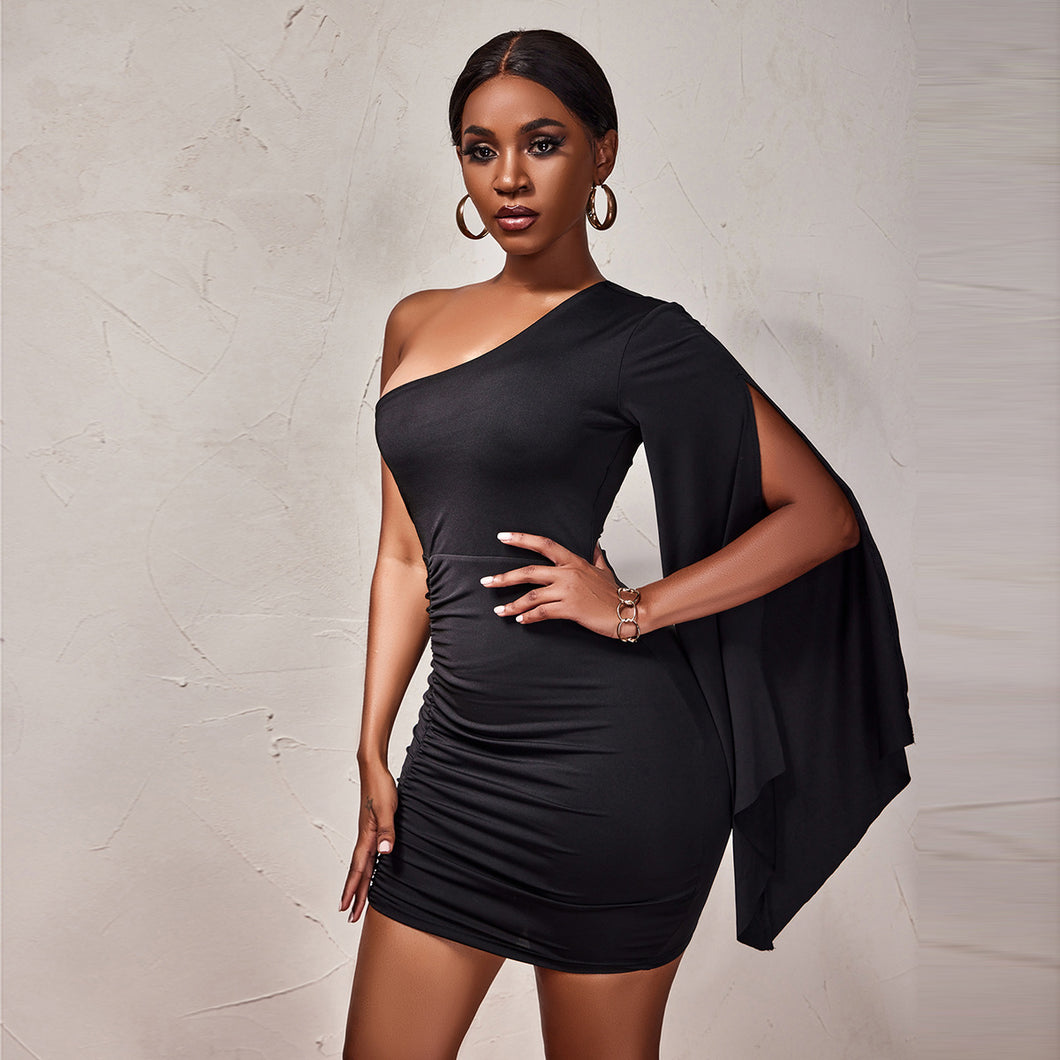 Sexy off shoulder asymmetric long-sleeve pleated dress - nevaehshalo