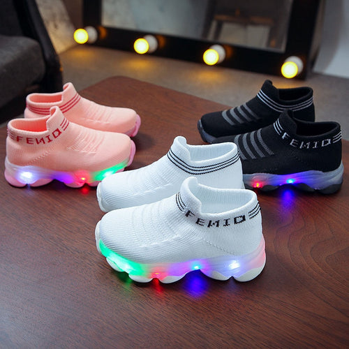 Kids Sneakers Children Baby Girls Boys Letter Mesh Led Luminous Socks Sport Run Sneakers Shoes Sapato Infantil Light Up Shoes - nevaehshalo