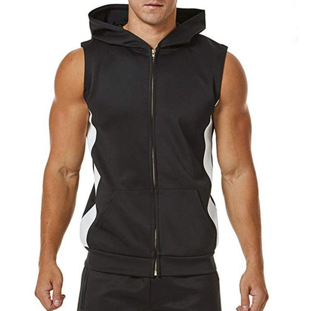 Men Zipper Splicing Sports Hooded Vest bodybuilding golds gym clothing musculation singlet fitness clothing - nevaehshalo