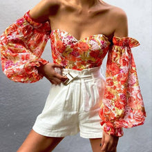 Load image into Gallery viewer, Elegant Floral Print Strapless Chiffon  Fashion Women Off Shoulder Halter Sexy Blouse
