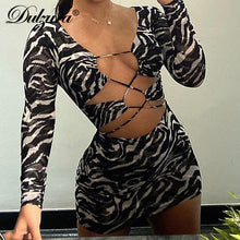 Load image into Gallery viewer, Dulzura Zebra Print Women Lace Up Long Sleeve Mini Dress V Neck - nevaehshalo
