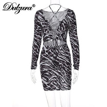 Load image into Gallery viewer, Dulzura Zebra Print Women Lace Up Long Sleeve Mini Dress V Neck - nevaehshalo
