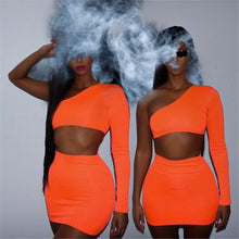 Load image into Gallery viewer, women  one shoulder orange and green two pieces sets sexy tops and skirts - nevaehshalo
