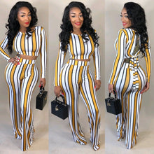 Load image into Gallery viewer, Sexy 2 two piece set top and pants autumn outfits tracksuit women long sleeve wide leg pants striped print - nevaehshalo
