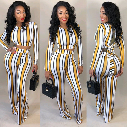 Sexy 2 two piece set top and pants autumn outfits tracksuit women long sleeve wide leg pants striped print - nevaehshalo