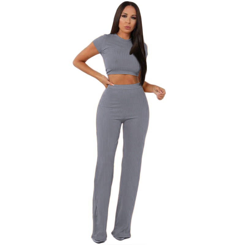 Women knitted long sleeve o-neck crop top wide leg pants 2 piece set for female women tops pants two pieces sets women's suits - nevaehshalo