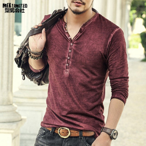 Brand Designer Men Cotton Vintage Henry T Shirts Casual Long Sleeve High quality Men old color Cardigan T shirt - nevaehshalo