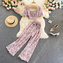 Load image into Gallery viewer, Summer Women Style Chiffon Printing Sweet Two Piece Set Short Shirt High Waist Wide Leg Pants - nevaehshalo
