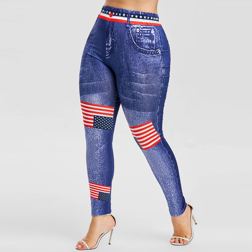 Women High Waist long Pants Plus Size 3D Jean Print American Flag Leggings Casual Pant Legging Athletic - nevaehshalo